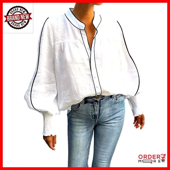 Tops - Women's Smocked Cuff Puff Sleeve Loose Fit Button Down Blouse Top